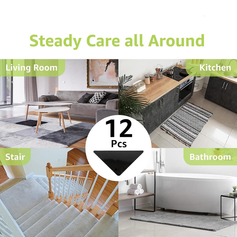 Rabenda 12 Pcs Rug Tape, Non Slip Rug Pads Grippers for Hardwood Floors and Tiles, Reusable Carpet Tape for Area Rugs, Double-Sided Adhesive Rug Stickers Keep Corners Flat (Black) - Image 4